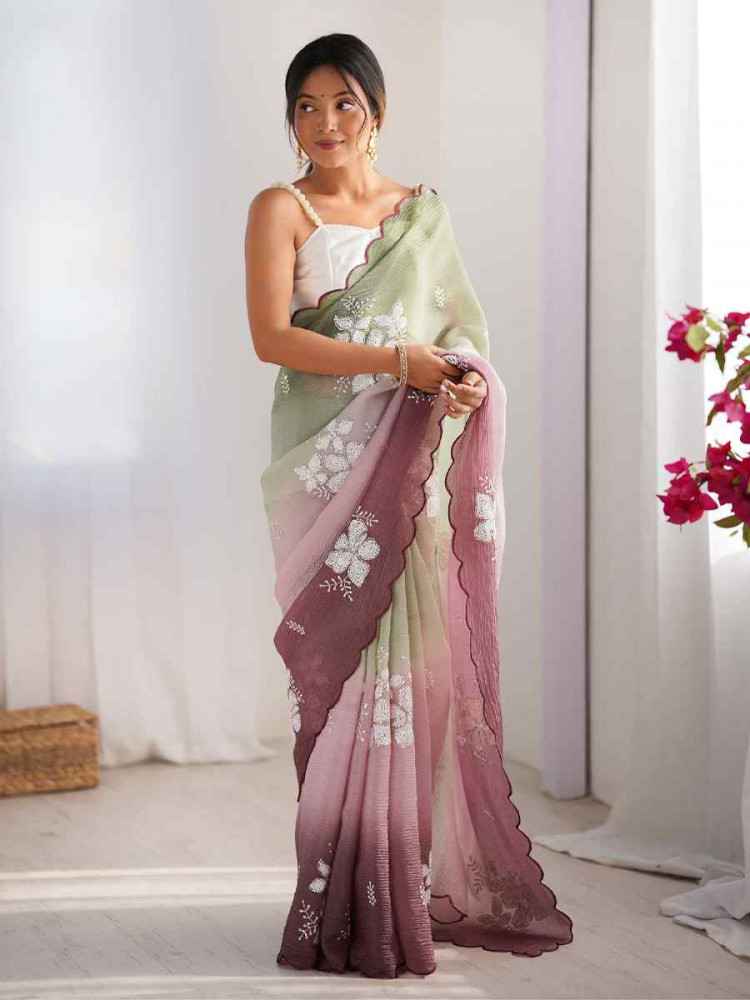 Pista and Wine Crunchy Crush Embroidered Festival Wedding Fancy Heavy Border Saree