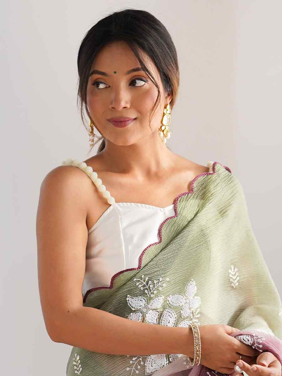 Pista and Wine Crunchy Crush Embroidered Festival Wedding Fancy Heavy Border Saree