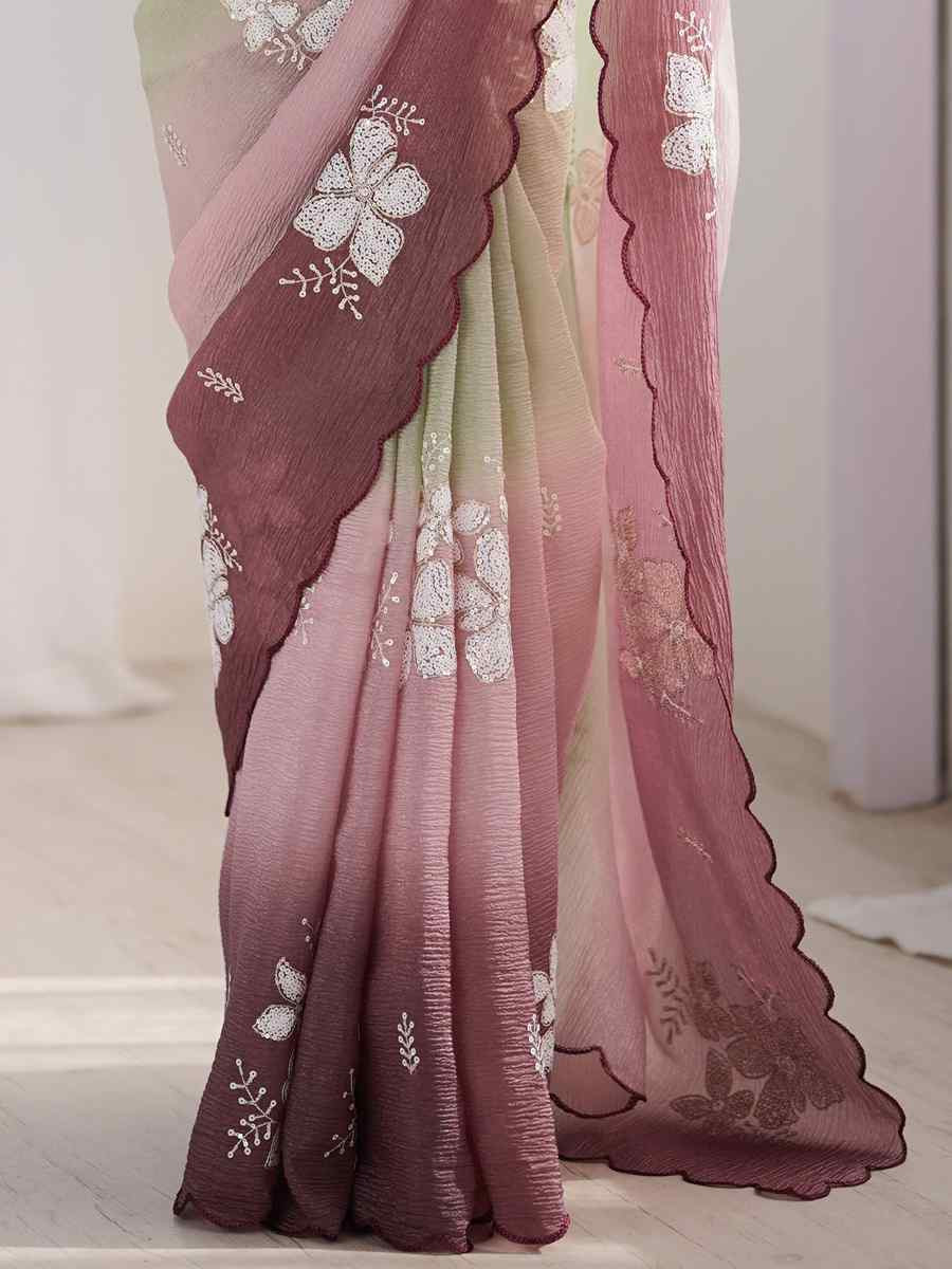 Pista and Wine Crunchy Crush Embroidered Festival Wedding Fancy Heavy Border Saree