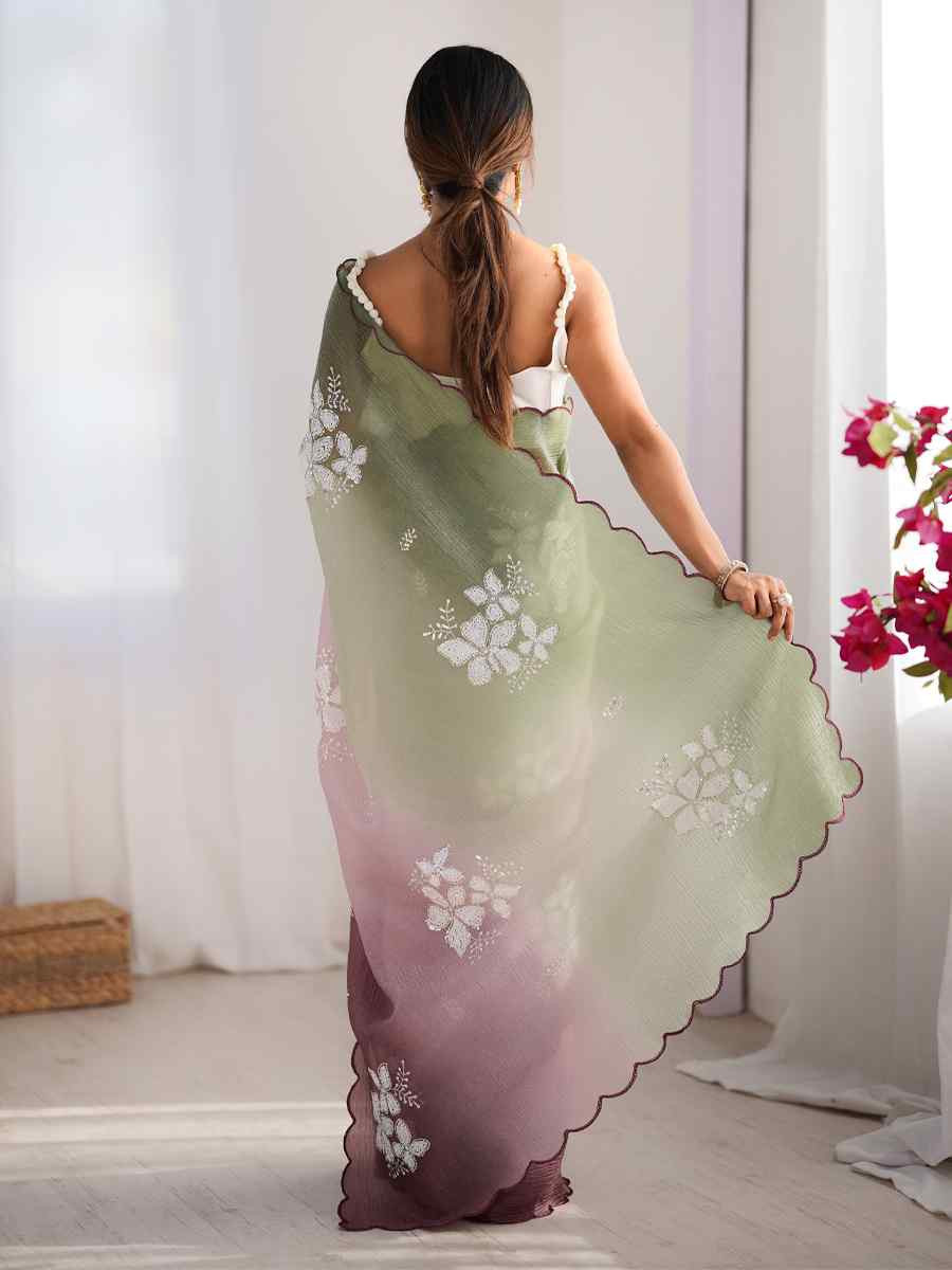 Pista and Wine Crunchy Crush Embroidered Festival Wedding Fancy Heavy Border Saree