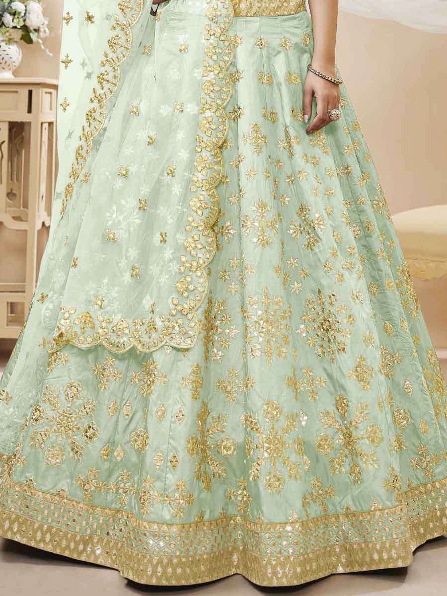 Pista Art Silk Embroidered Bridesmaid Wedding Heavy Border Lehenga Choli