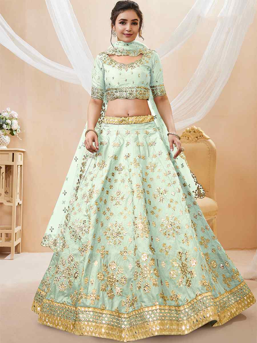 Pista Art Silk Embroidered Bridesmaid Wedding Heavy Border Lehenga Choli