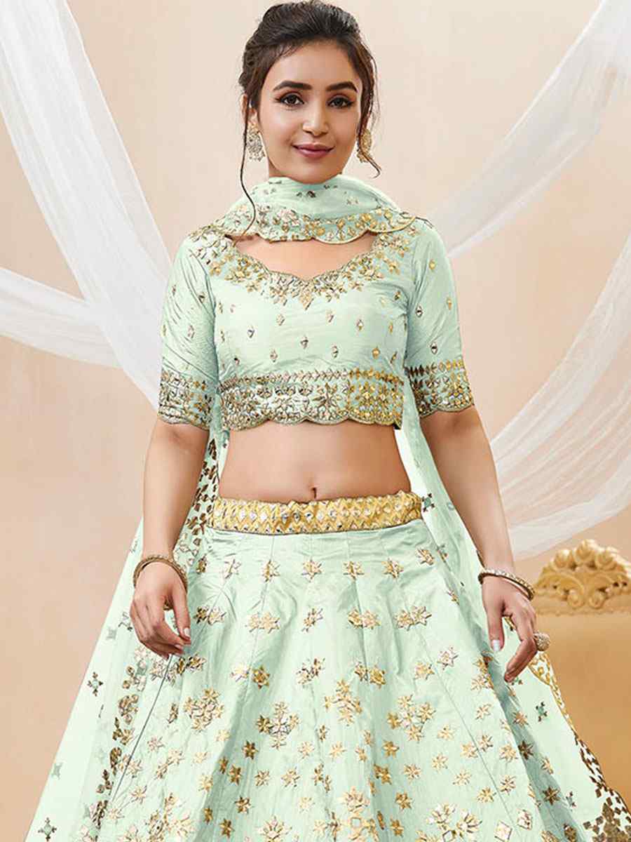 Pista Art Silk Embroidered Bridesmaid Wedding Heavy Border Lehenga Choli