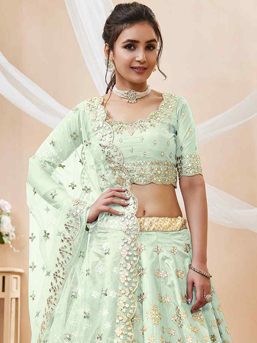 Pista Art Silk Embroidered Bridesmaid Wedding Heavy Border Lehenga Choli