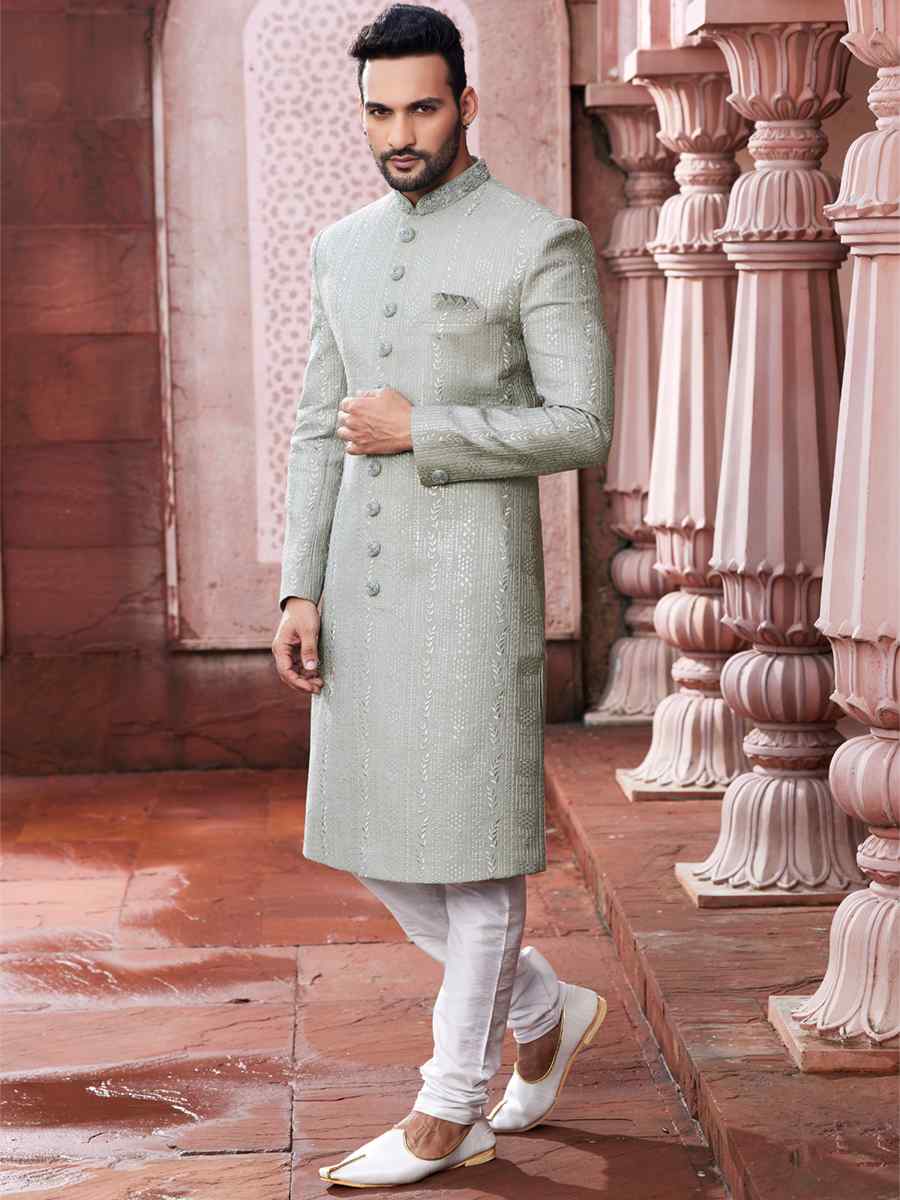 Pista Art Silk Embroidered Wedding Party Sherwani