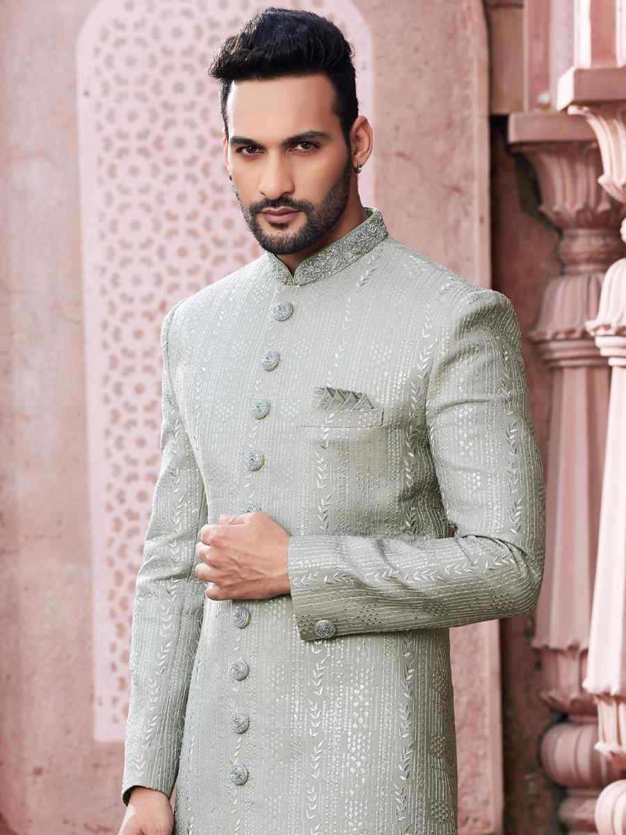 Pista Art Silk Embroidered Wedding Party Sherwani