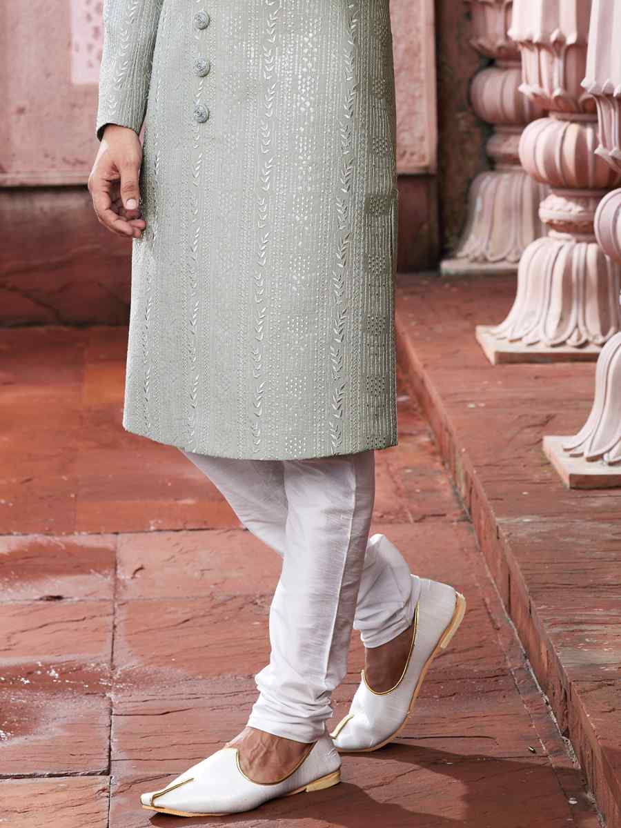 Pista Art Silk Embroidered Wedding Party Sherwani