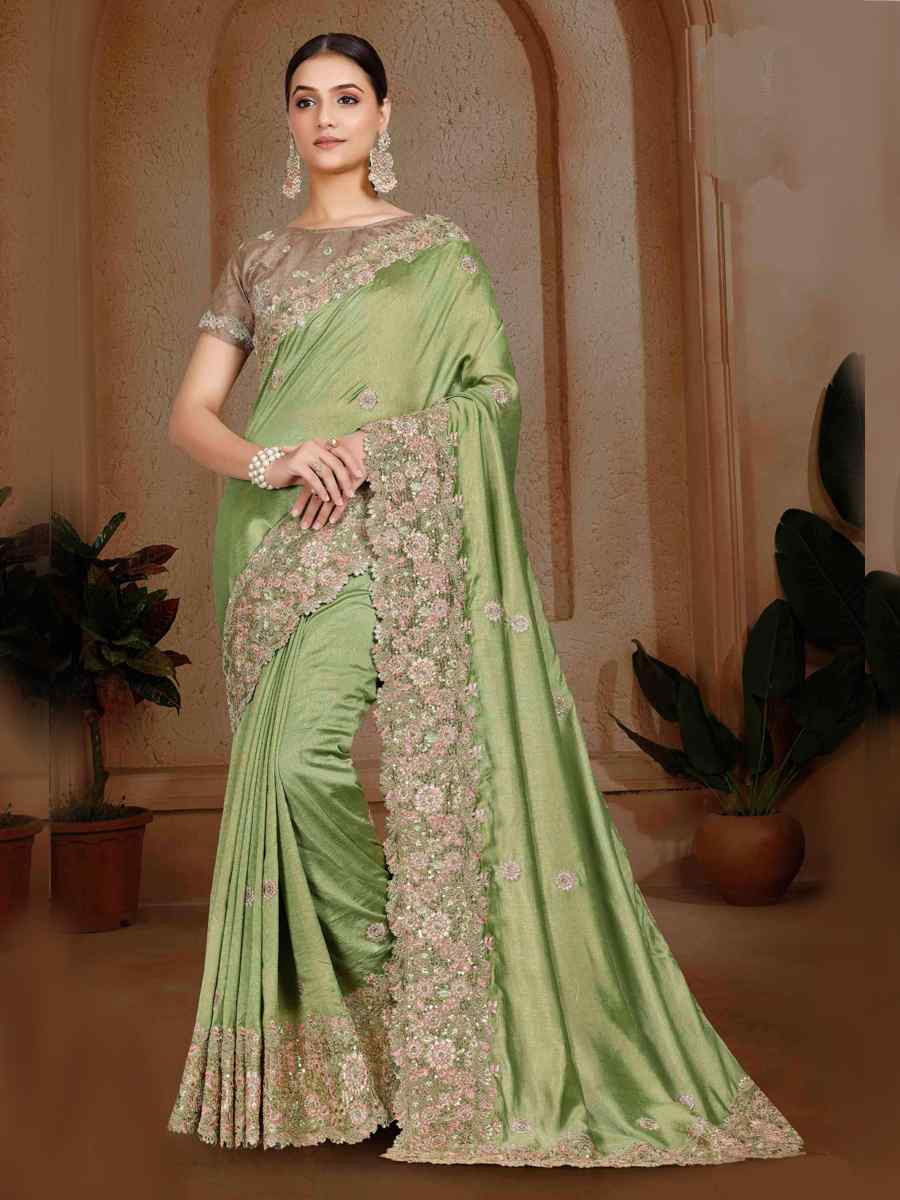 Pista Art Silk Handwoven Festival Wedding Heavy Border Saree