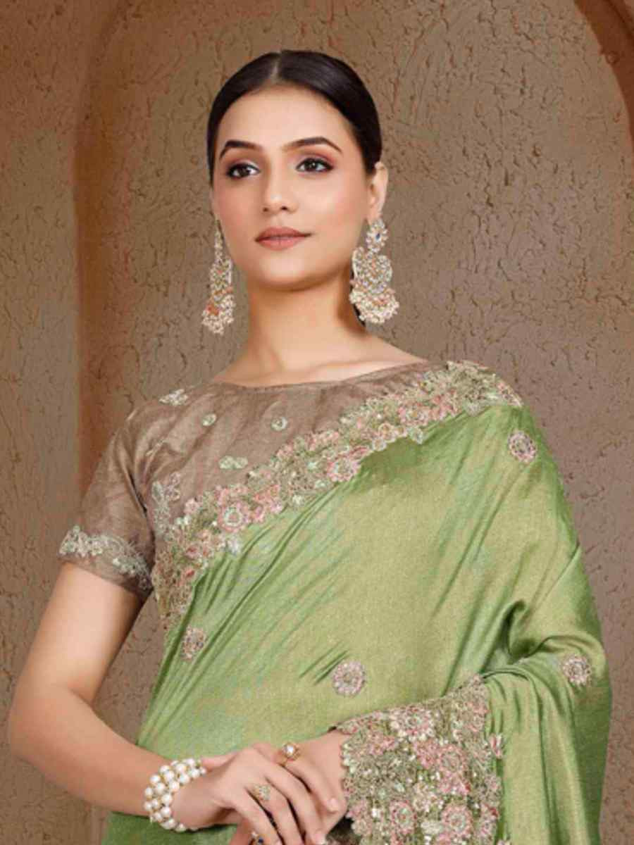 Pista Art Silk Handwoven Festival Wedding Heavy Border Saree