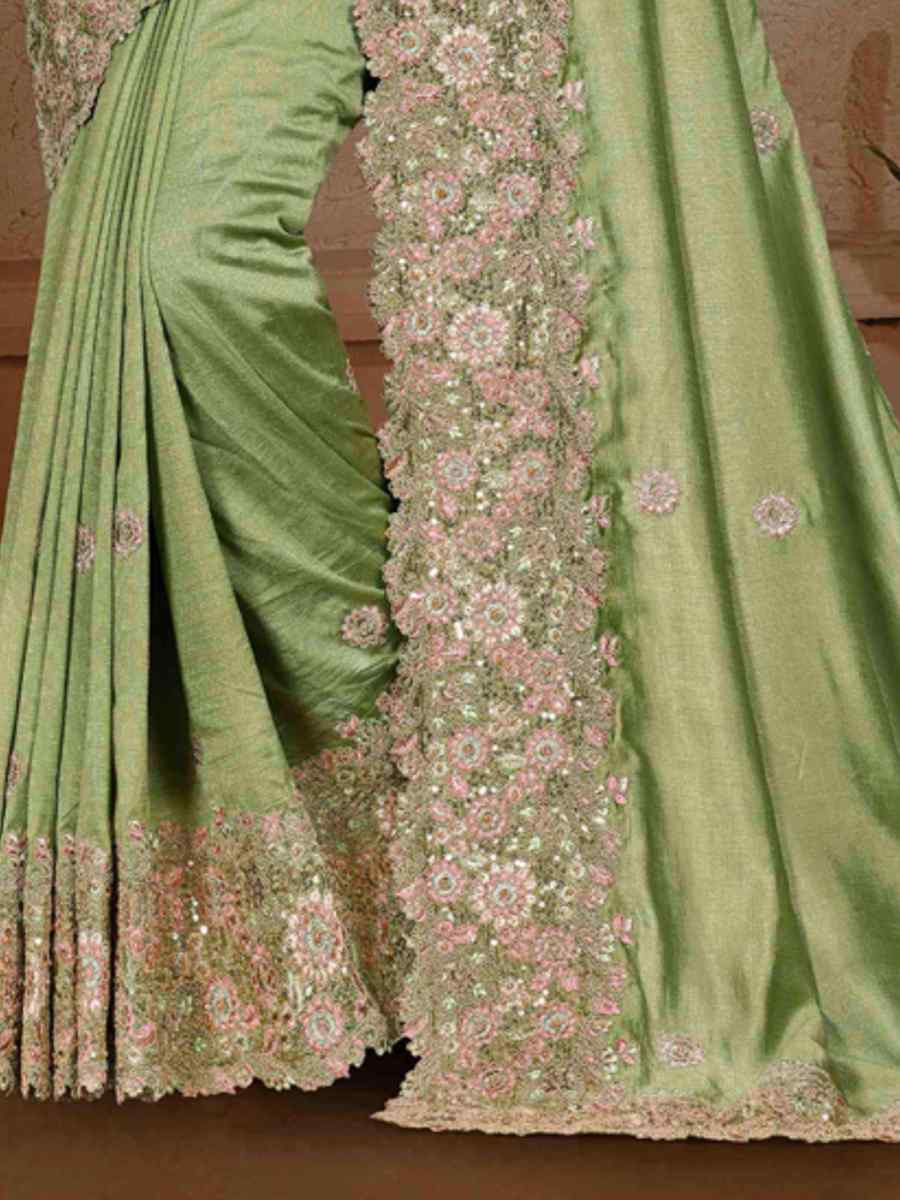 Pista Art Silk Handwoven Festival Wedding Heavy Border Saree