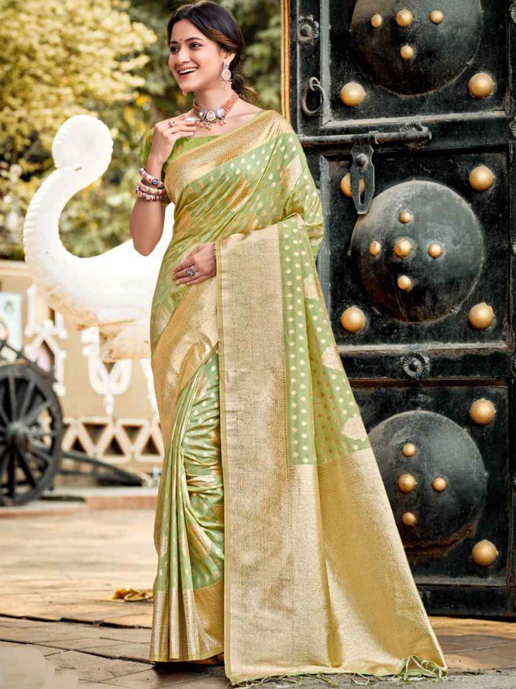Image of Pista Assam Silk Handwoven Festival Wedding Fancy Heavy Border Saree