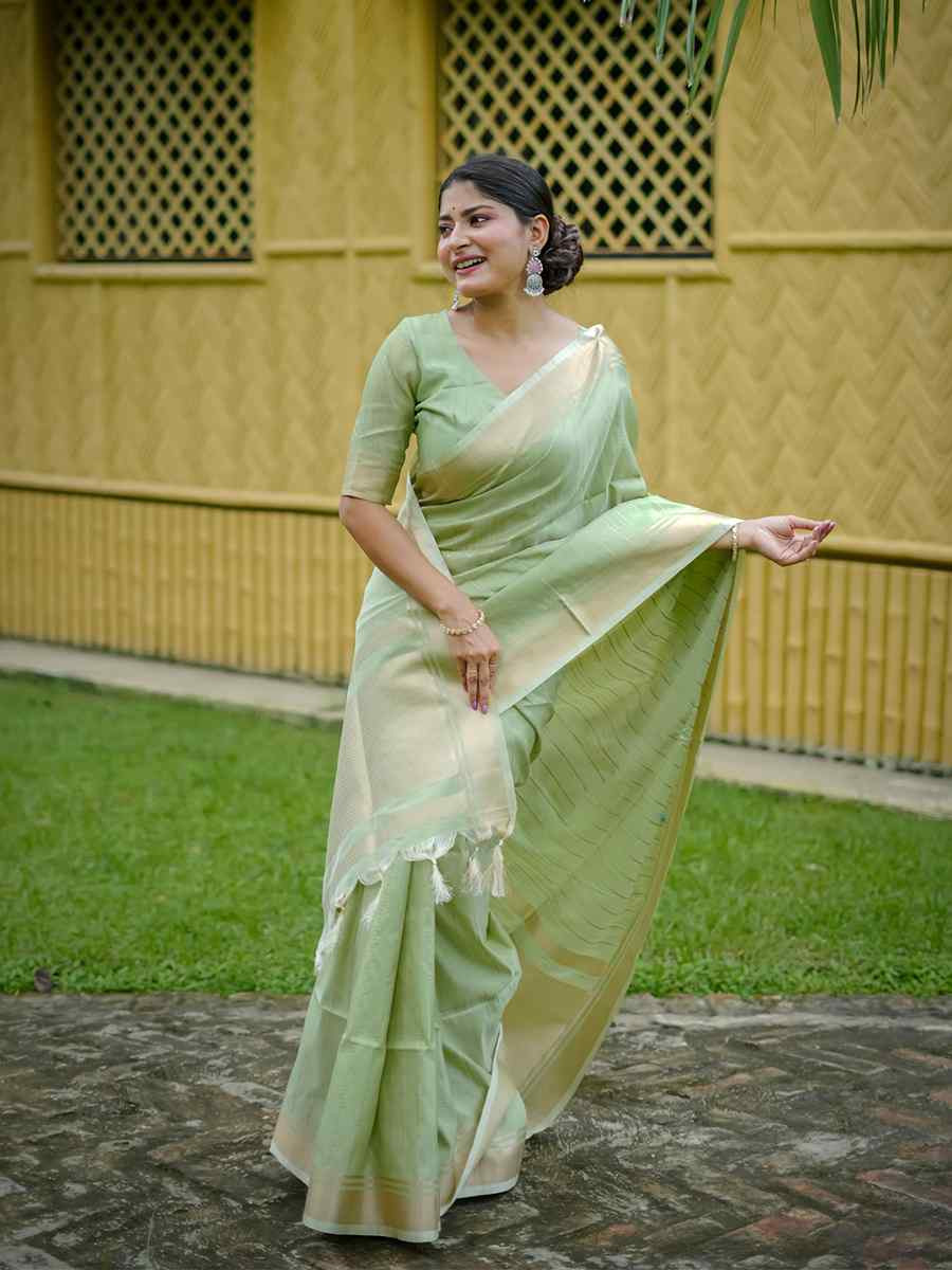 Pista Banarasi Raw Silk Handwoven Festival Wedding Heavy Border Saree