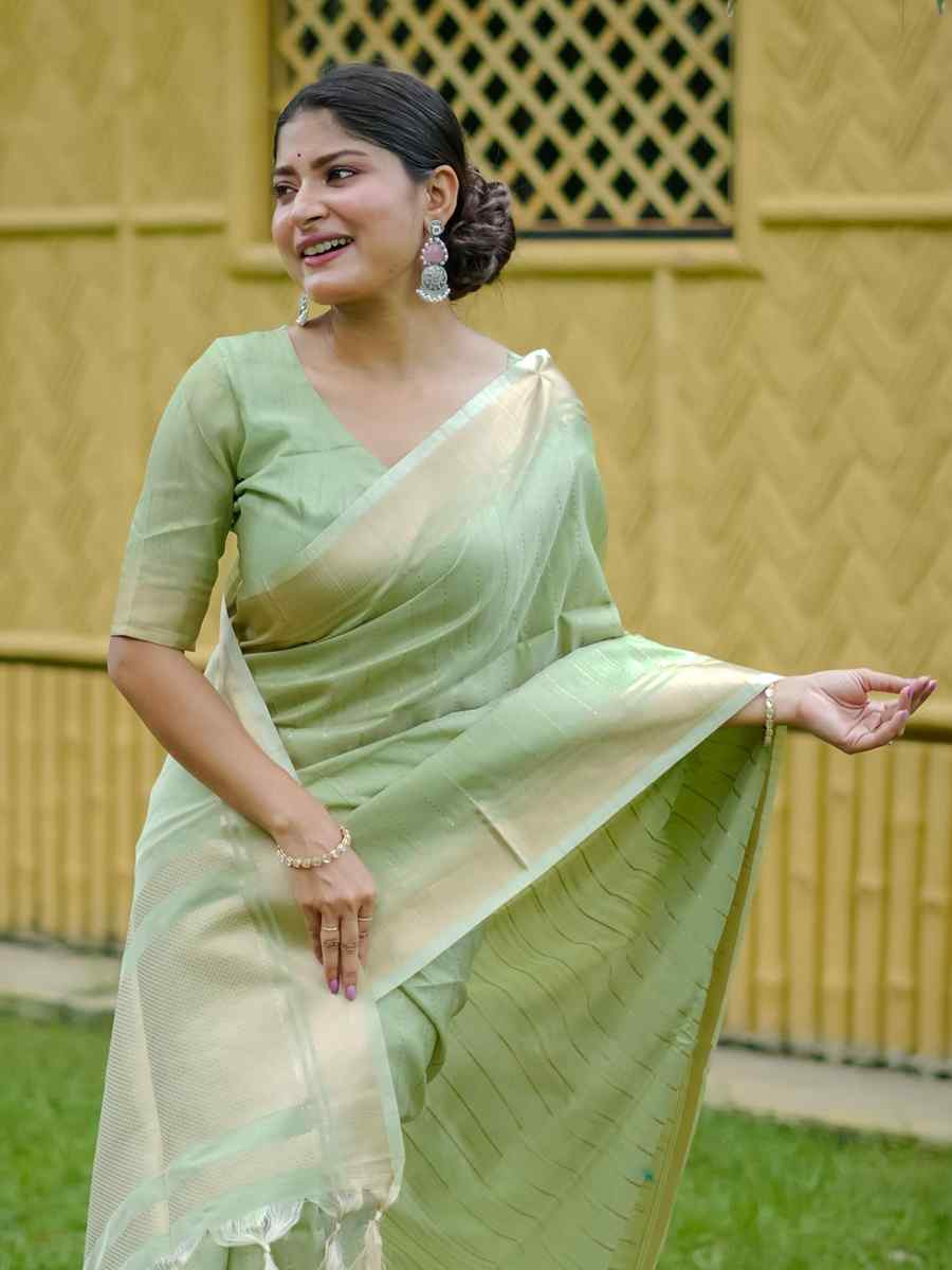 Pista Banarasi Raw Silk Handwoven Festival Wedding Heavy Border Saree