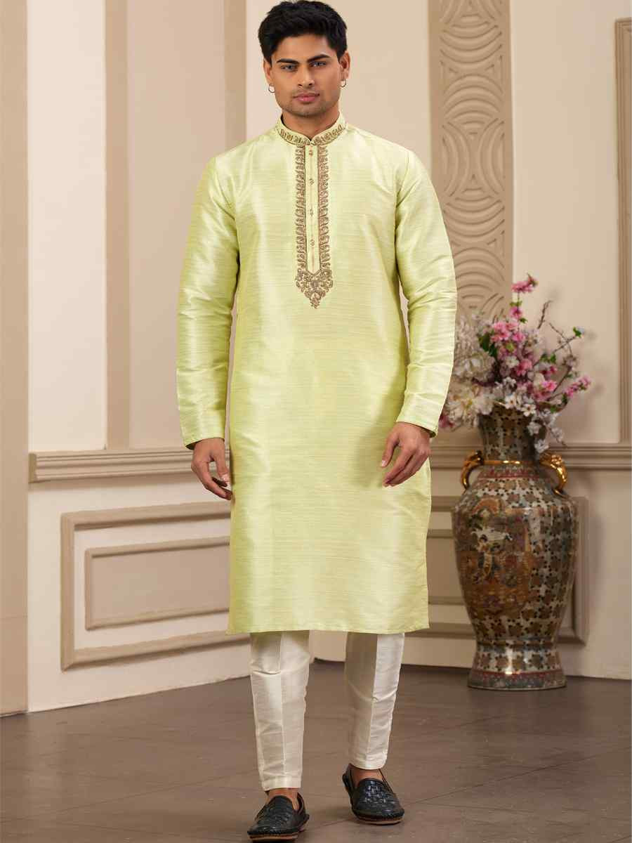 Pista Banarasi Silk Embroidered Festival Party Kurta
