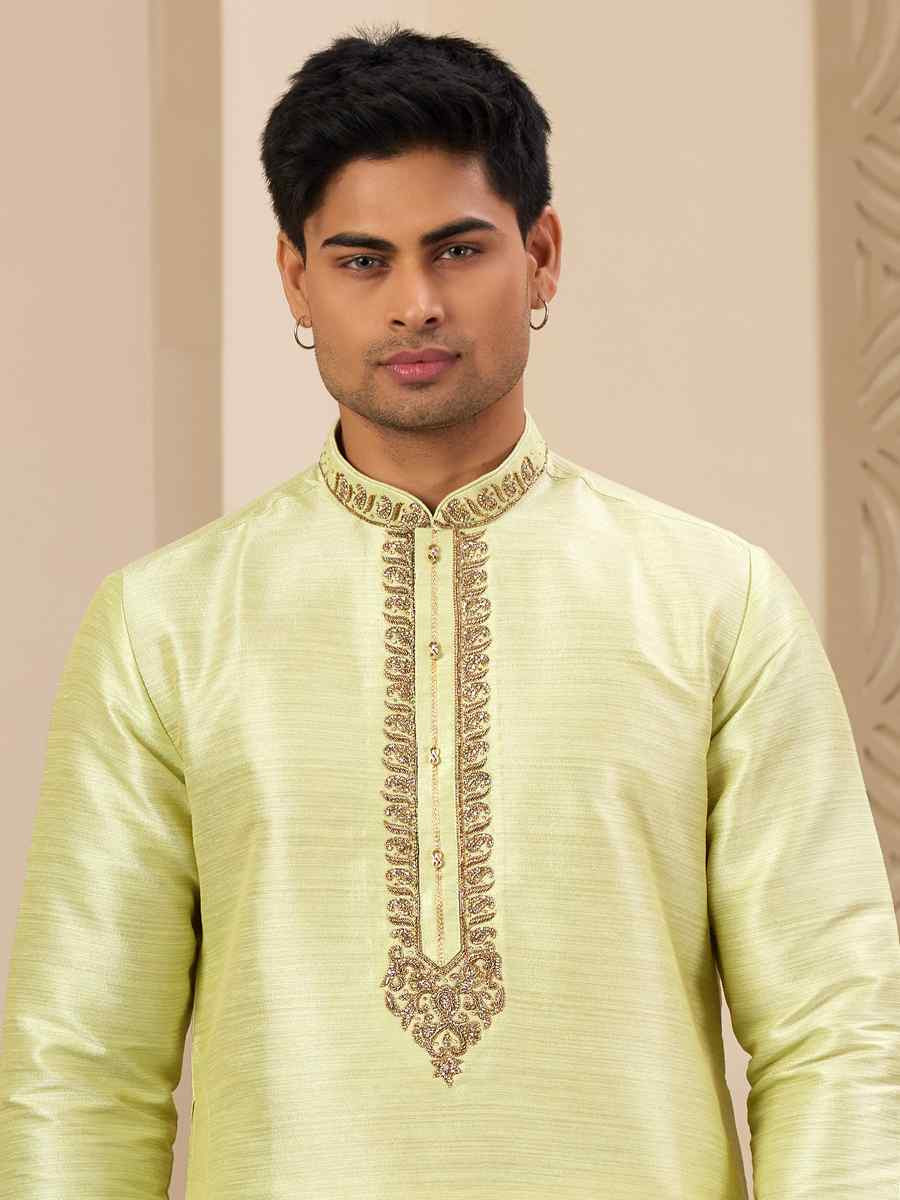 Pista Banarasi Silk Embroidered Festival Party Kurta