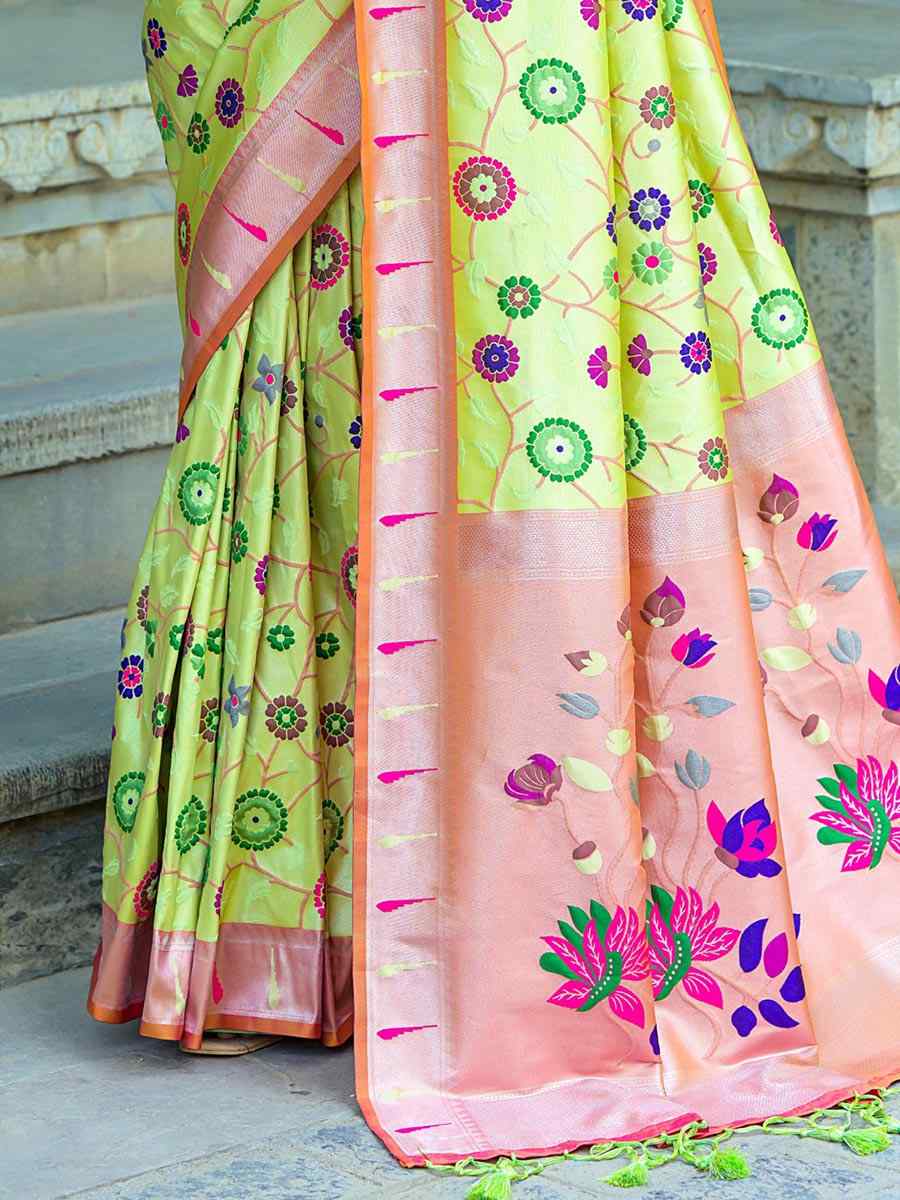 Pista Banarasi Silk Handwoven Wedding Festival Heavy Border Saree