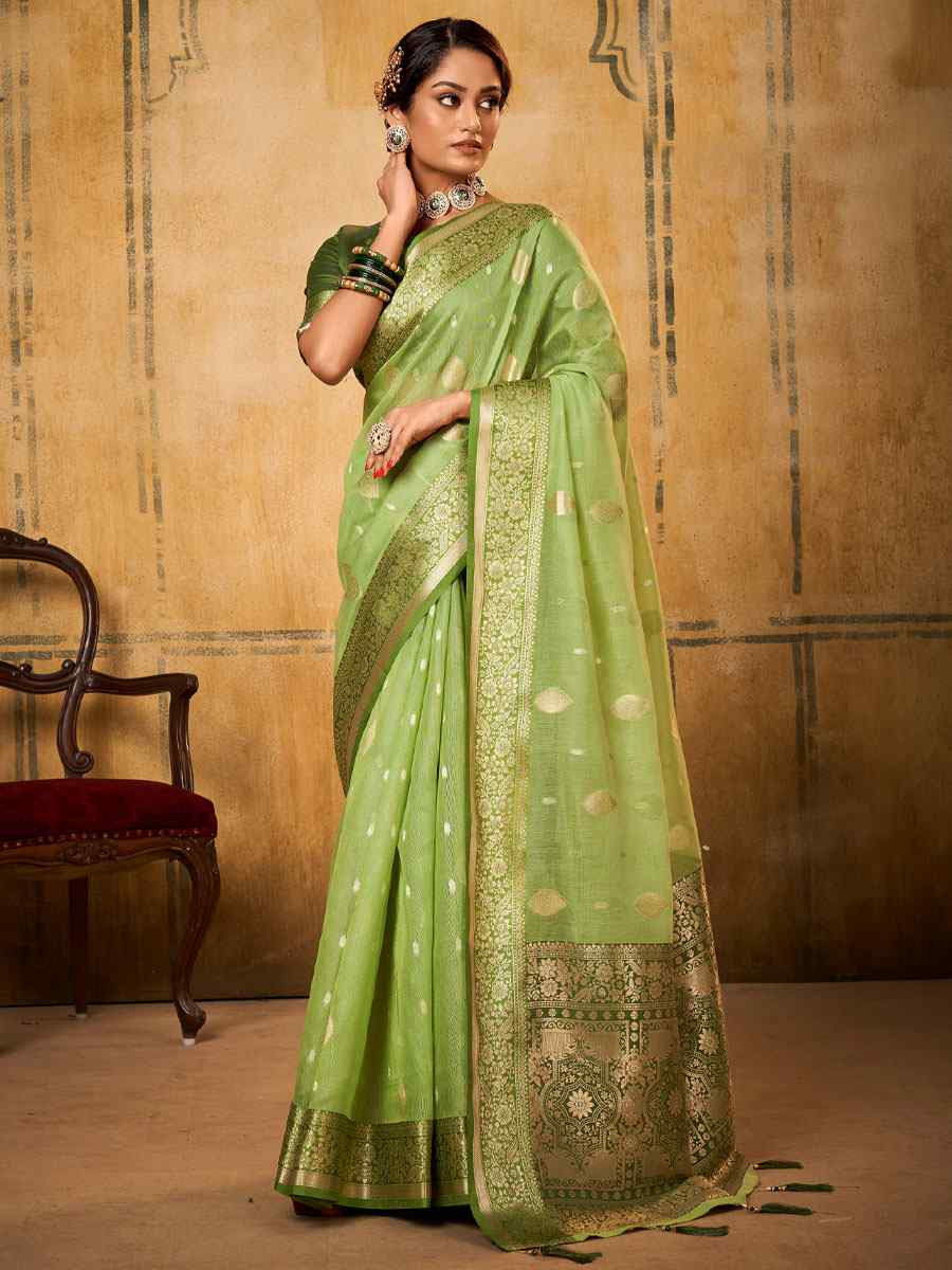 Pista Banarasi Silk Tissue Handwoven Festival Wedding Fancy Heavy Border Saree
