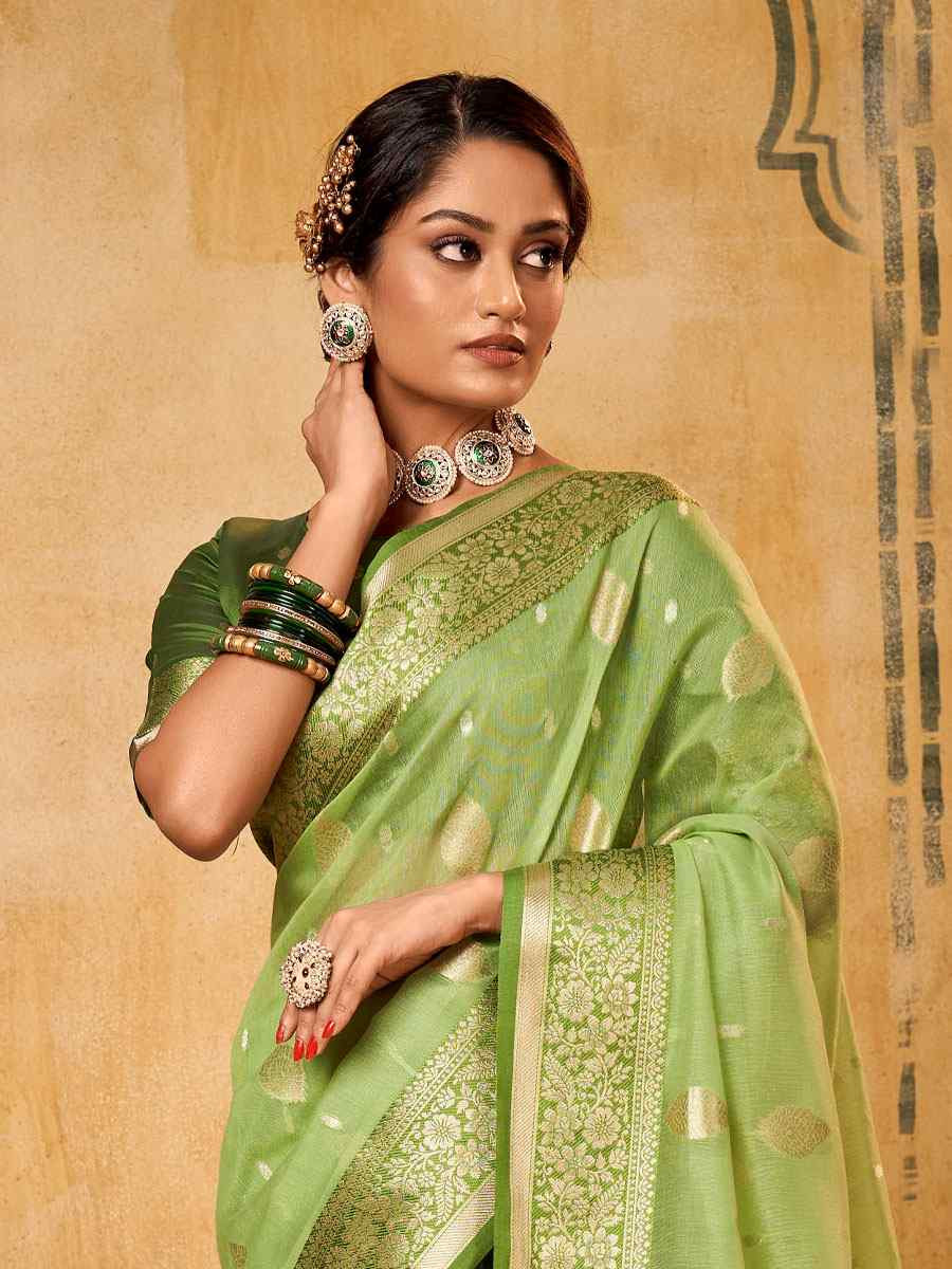 Pista Banarasi Silk Tissue Handwoven Festival Wedding Fancy Heavy Border Saree