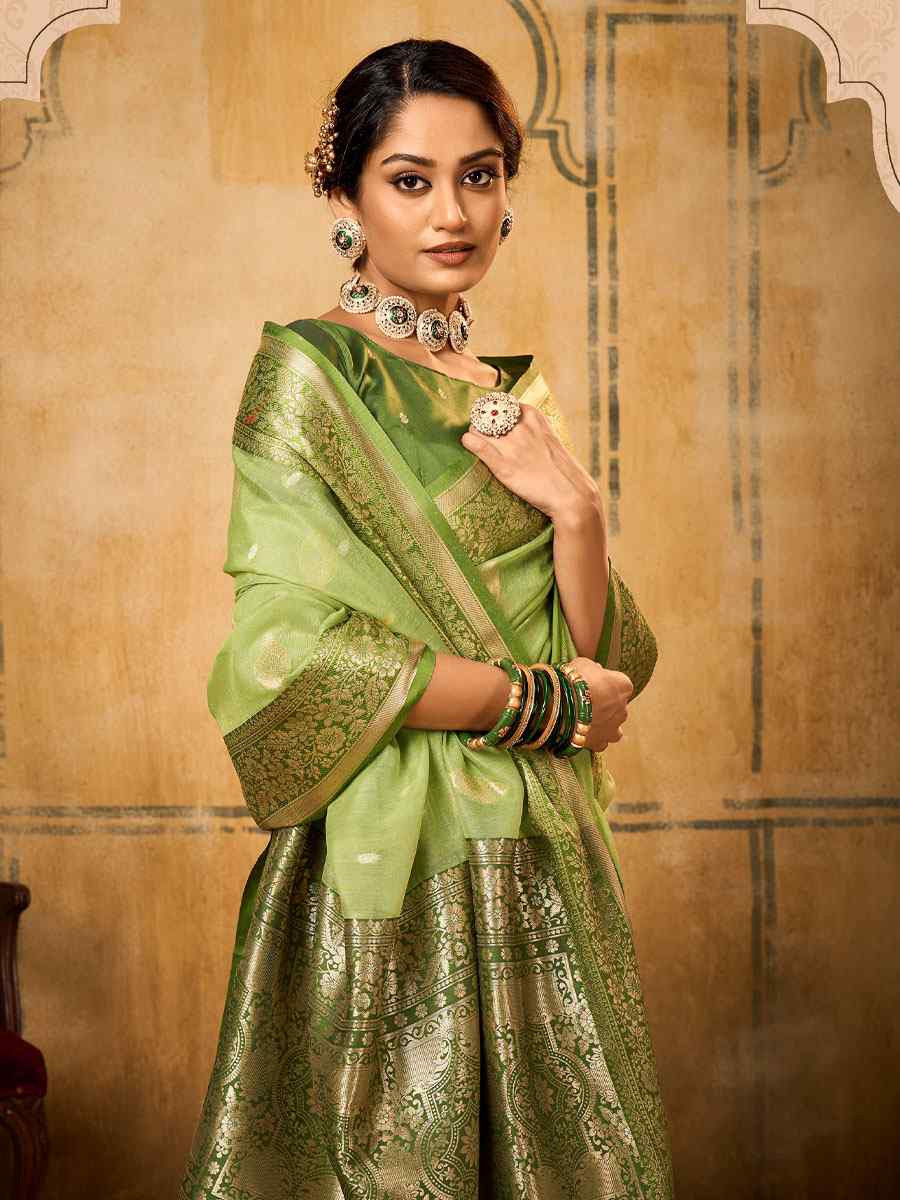 Pista Banarasi Silk Tissue Handwoven Festival Wedding Fancy Heavy Border Saree