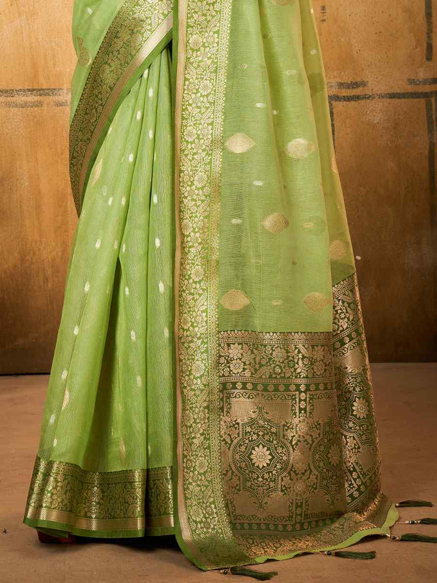 Pista Banarasi Silk Tissue Handwoven Festival Wedding Fancy Heavy Border Saree