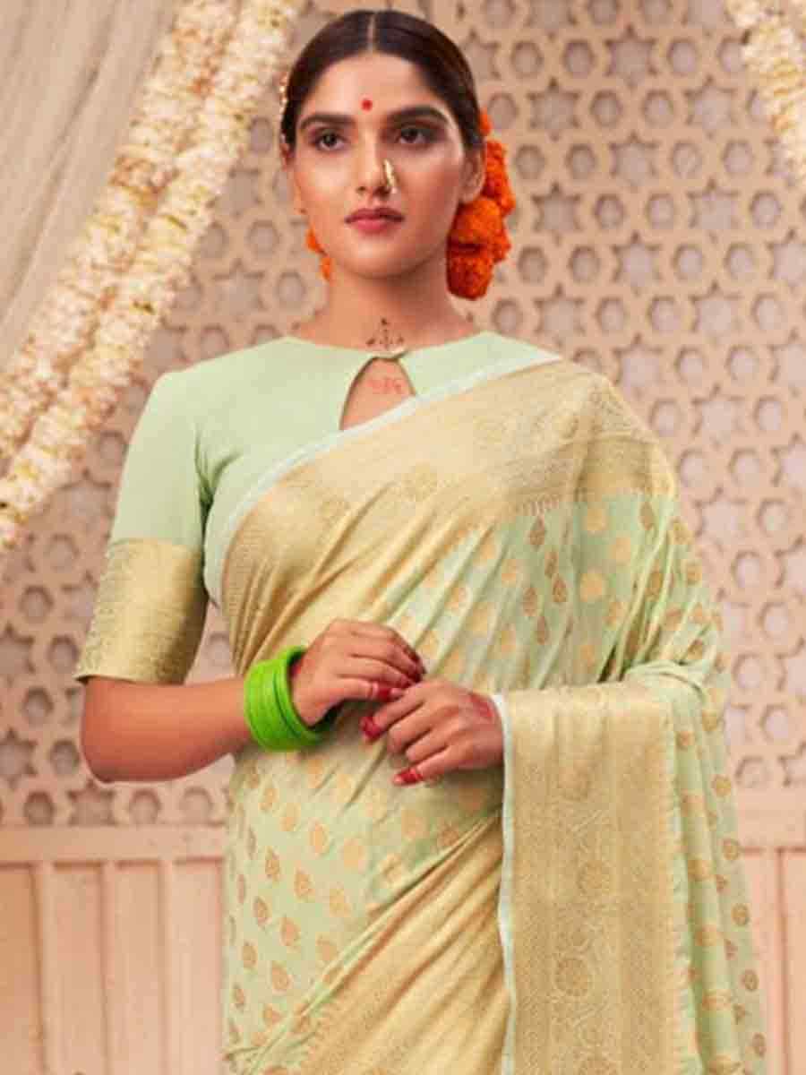 Pista Banarasi Soft Silk Handwoven Wedding Festival Heavy Border Saree