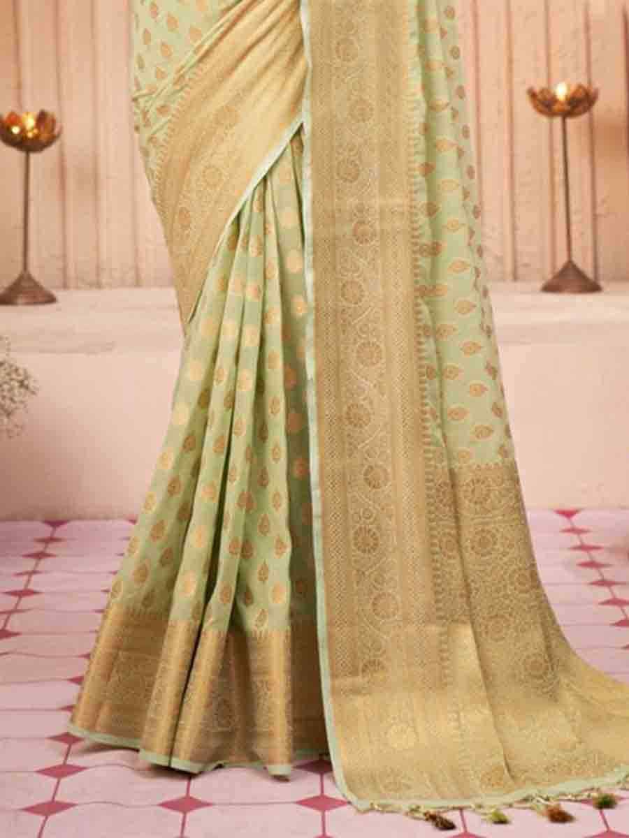 Pista Banarasi Soft Silk Handwoven Wedding Festival Heavy Border Saree
