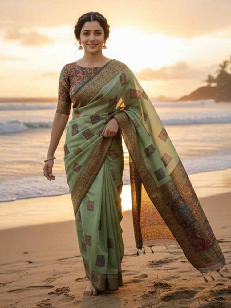 Image of Pista Banarasi Soft Silk Zari Handwoven Casual Reception Festival Wedding Fancy Classic Style Sarees