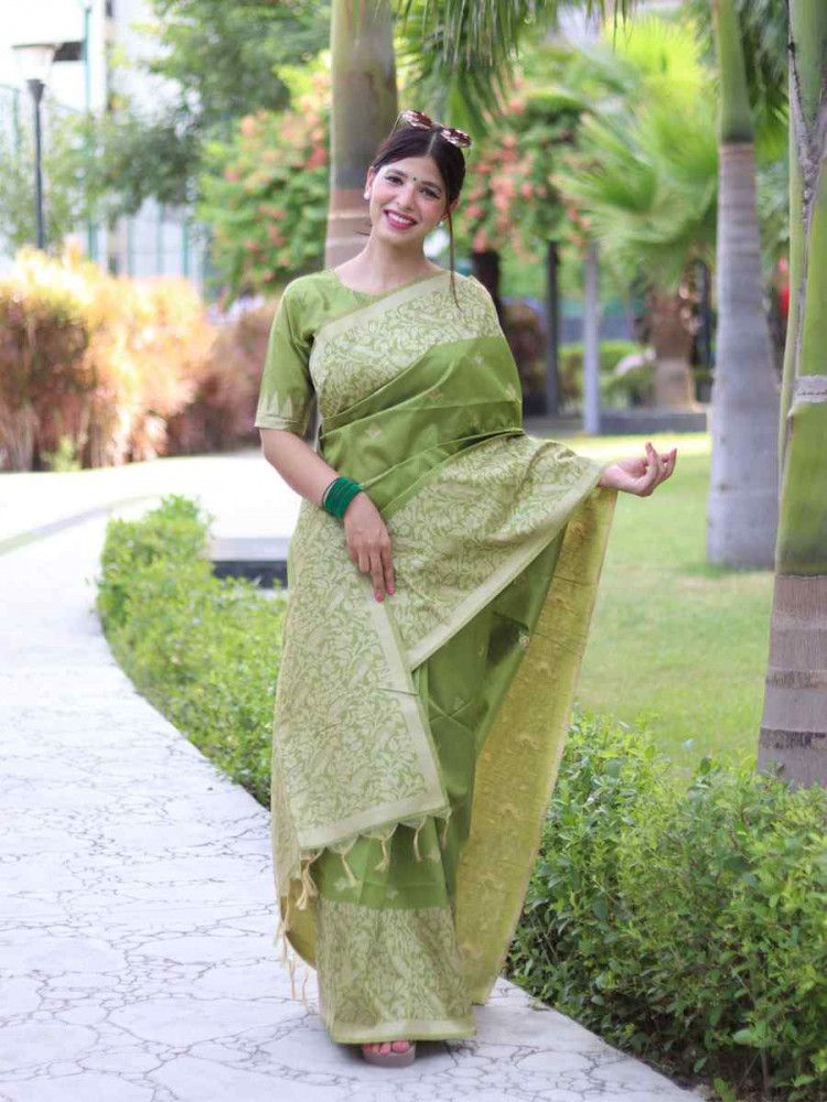 Image of Pista Banglori Handloom Raw Silk Handwoven Casual Reception Festival Wedding Fancy Classic Style Sarees