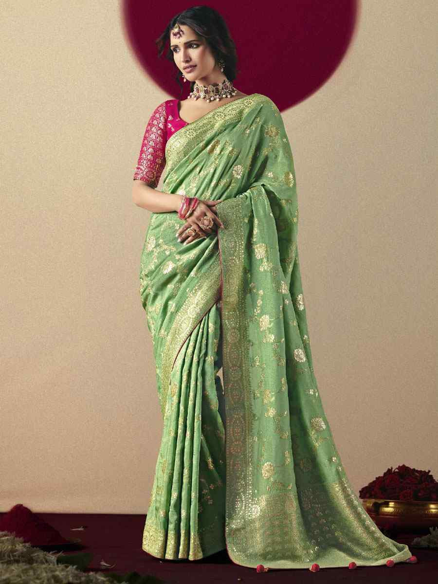 Pista Bemberg Viscose Handwoven Zari Work Traditional Bridal Reception Festival Wedding Fancy Heavy Border Saree