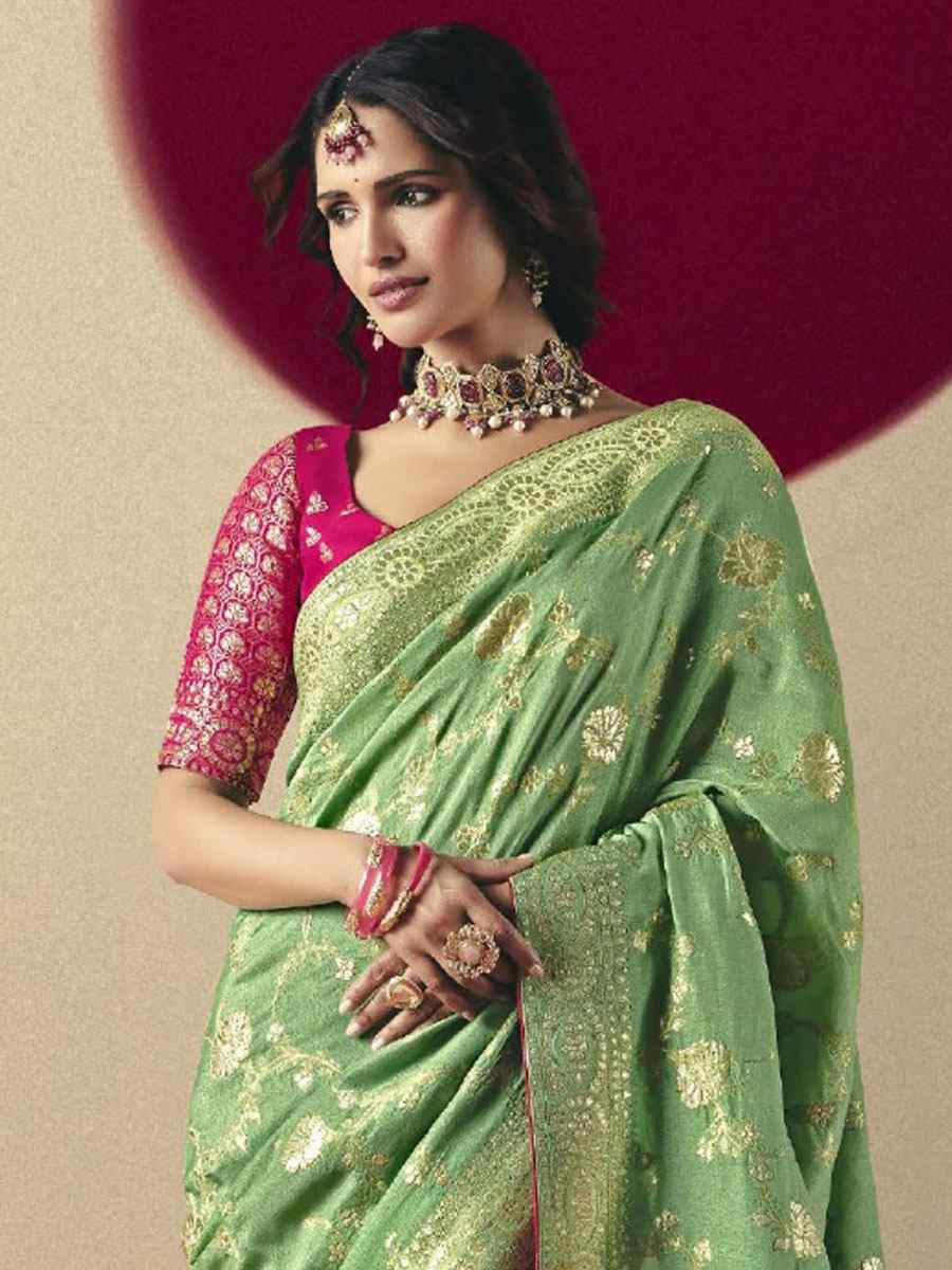 Pista Bemberg Viscose Handwoven Zari Work Traditional Bridal Reception Festival Wedding Fancy Heavy Border Saree