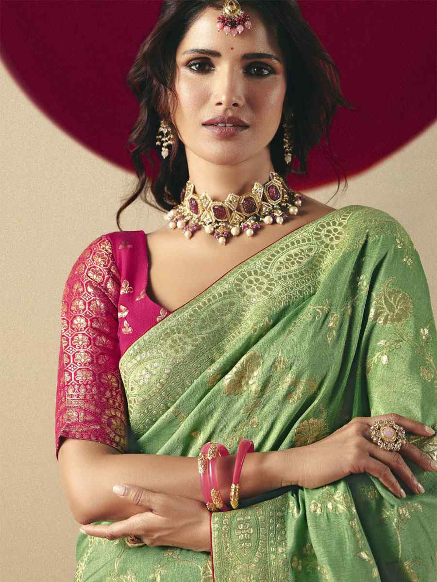 Pista Bemberg Viscose Handwoven Zari Work Traditional Bridal Reception Festival Wedding Fancy Heavy Border Saree