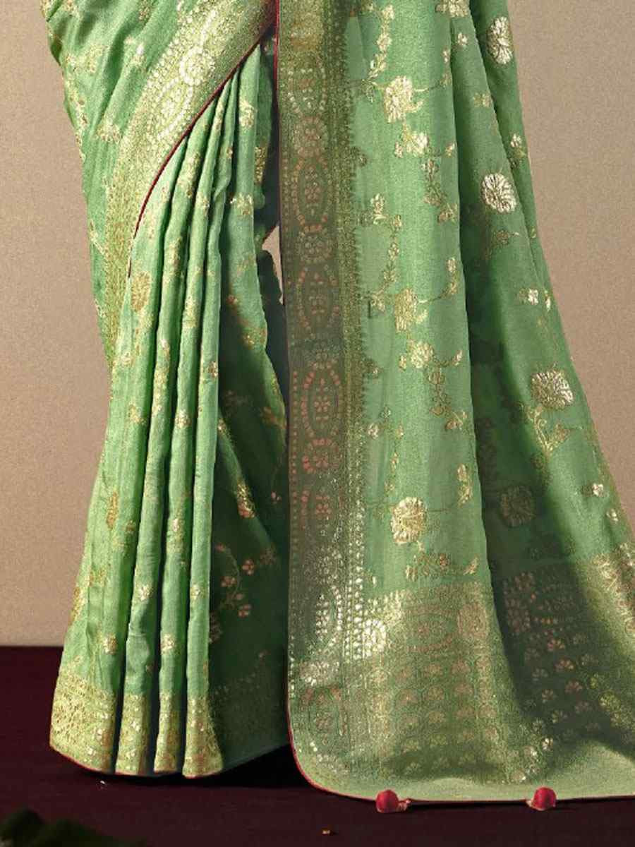 Pista Bemberg Viscose Handwoven Zari Work Traditional Bridal Reception Festival Wedding Fancy Heavy Border Saree