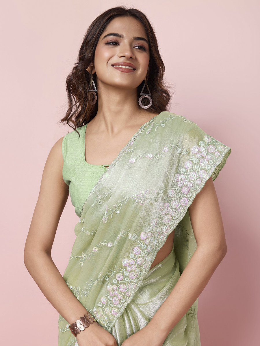 Pista Burberry Silk Embroidered Reception Party Heavy Border Saree
