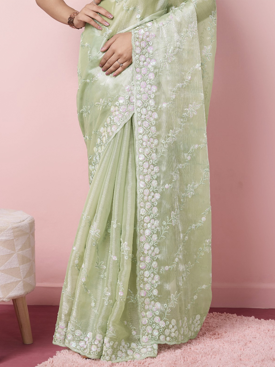 Pista Burberry Silk Embroidered Reception Party Heavy Border Saree