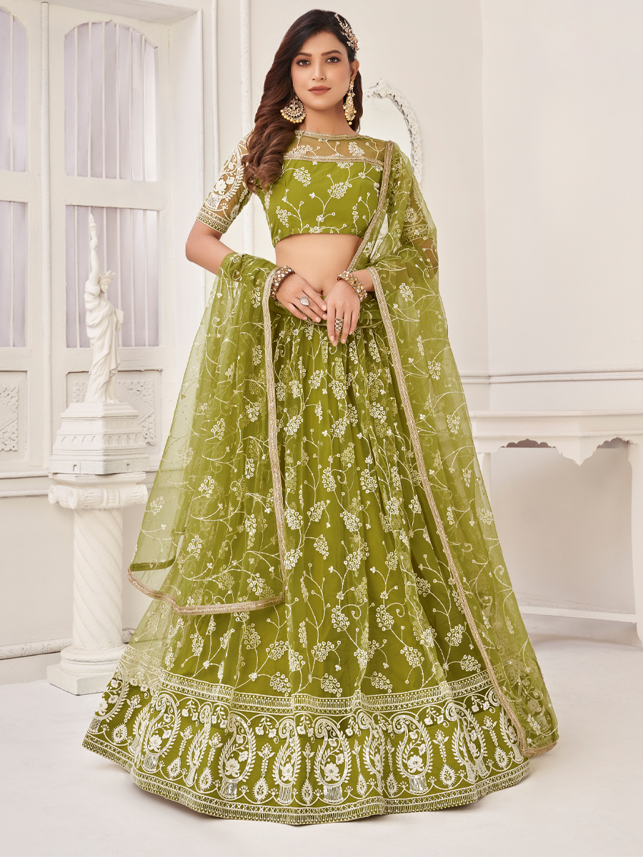 Pista Butterfly Net Embroidered Party Wear Festival Heavy Border Lehenga Choli