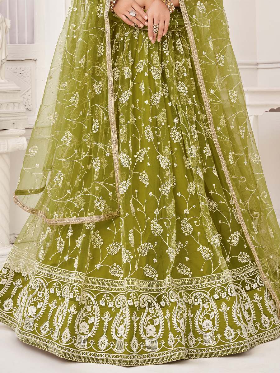 Pista Butterfly Net Embroidered Party Wear Festival Heavy Border Lehenga Choli