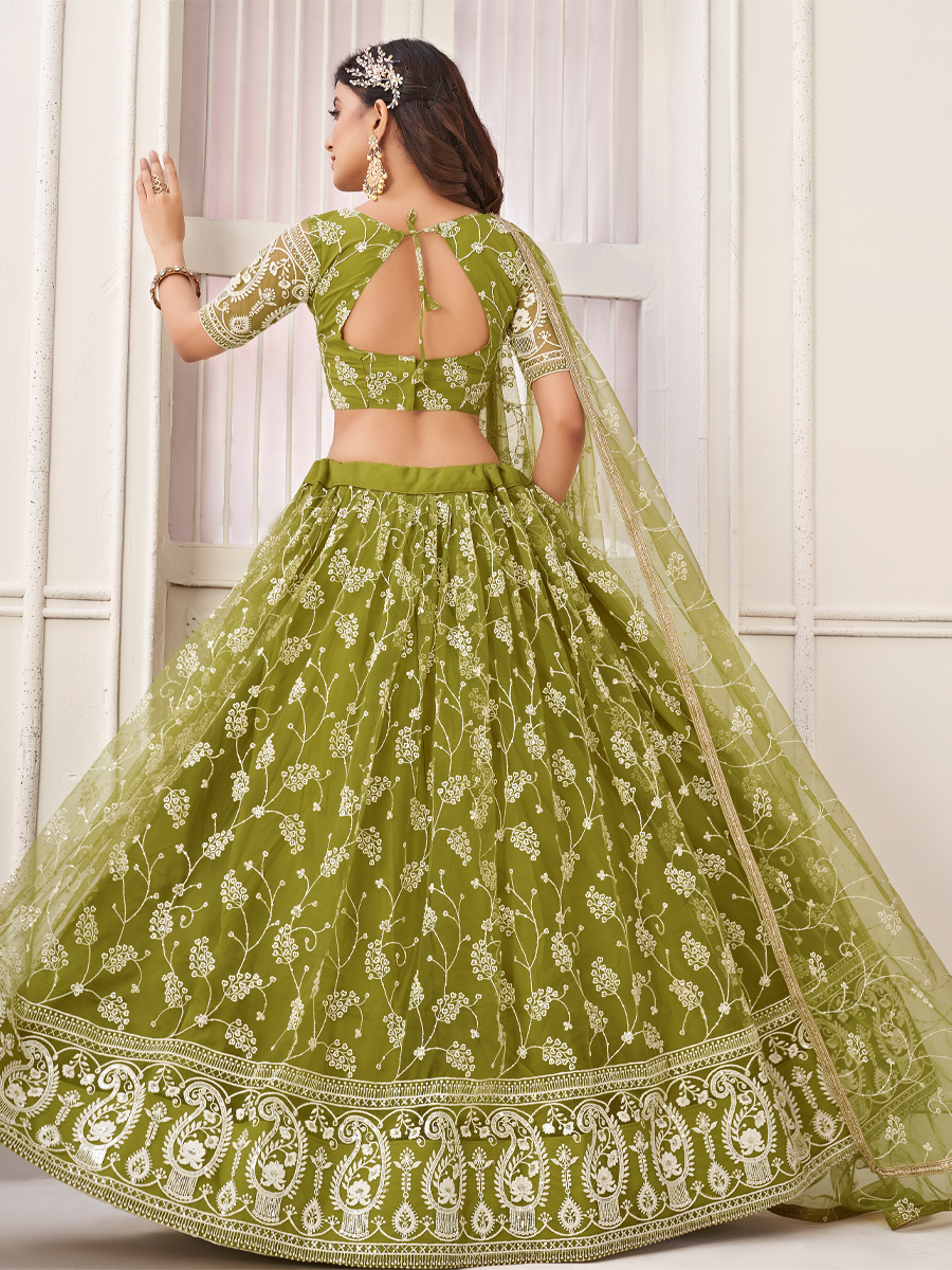 Pista Butterfly Net Embroidered Party Wear Festival Heavy Border Lehenga Choli