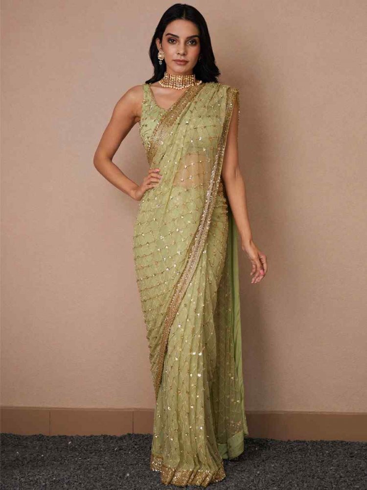 Pista Butterfly Soft Net Sequins Party Festival Classic Style Saree