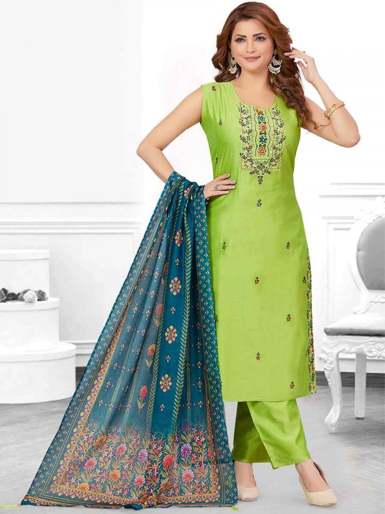 Pista Chanderi Silk Embroidered Festival Wedding Pant Salwar Kameez