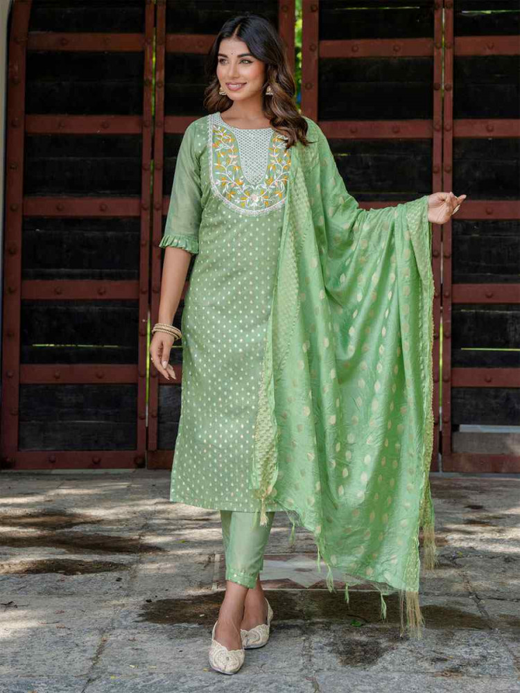 Image of Pista Chanderi Silk Embroidery Party Wedding Festival Casual Ready Pant Salwar Kameez