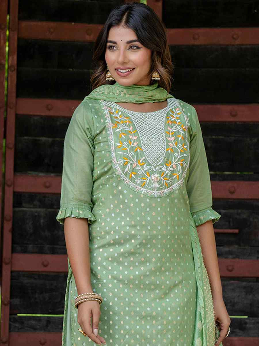 Pista Chanderi Silk Embroidery Party Wedding Festival Casual Ready Pant Salwar Kameez