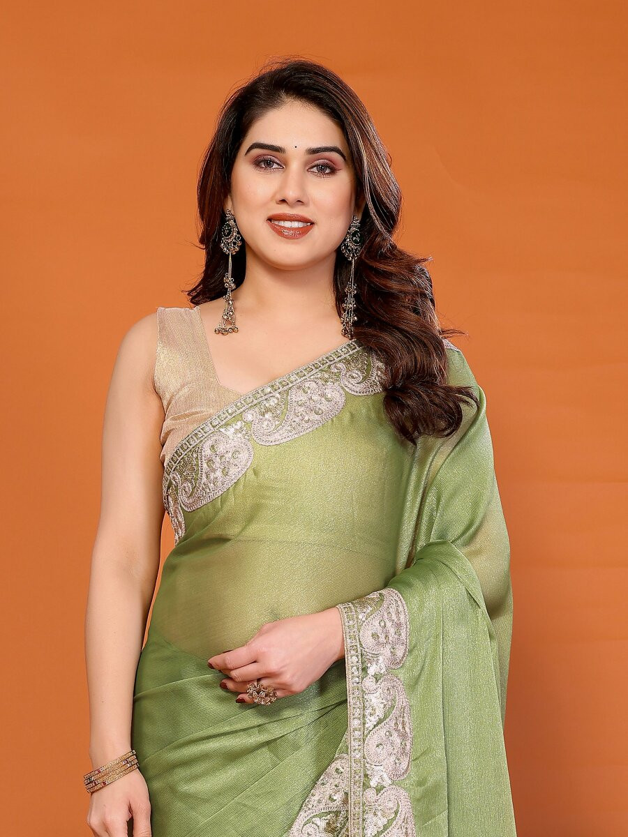 Pista Chiffon Embroidery Wedding Reception Party Festival Heavy Border Sarees