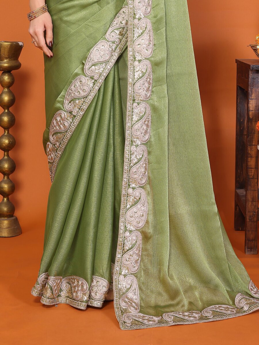 Pista Chiffon Embroidery Wedding Reception Party Festival Heavy Border Sarees