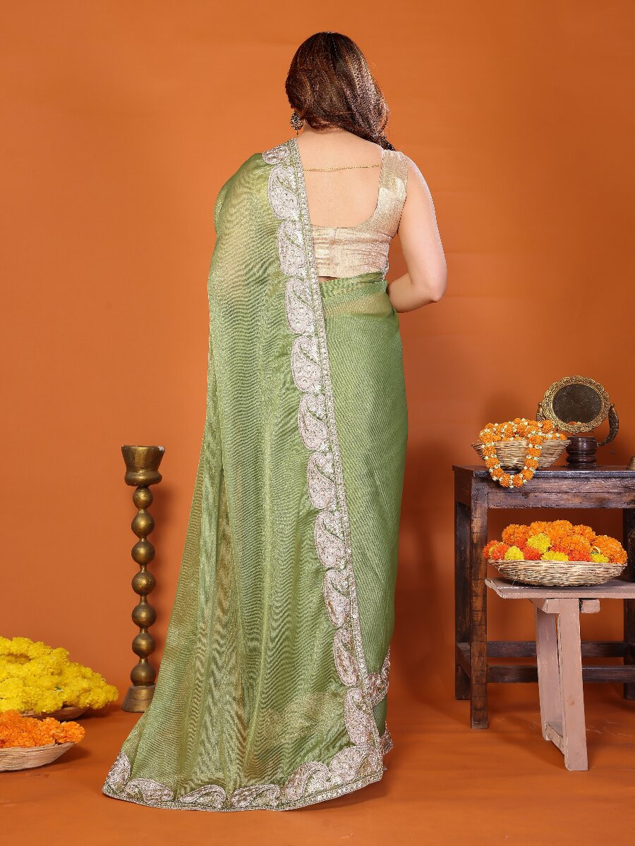 Pista Chiffon Embroidery Wedding Reception Party Festival Heavy Border Sarees