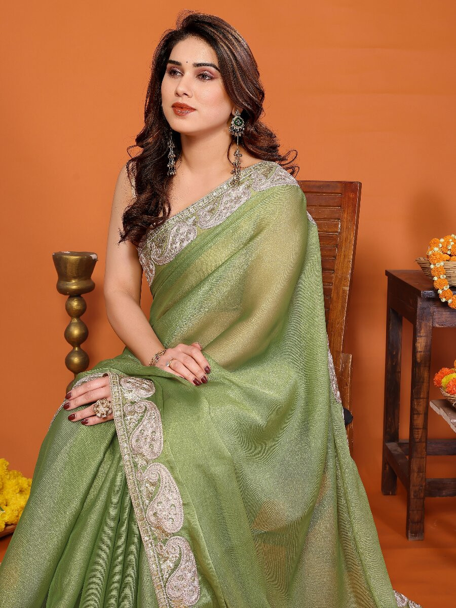 Pista Chiffon Embroidery Wedding Reception Party Festival Heavy Border Sarees
