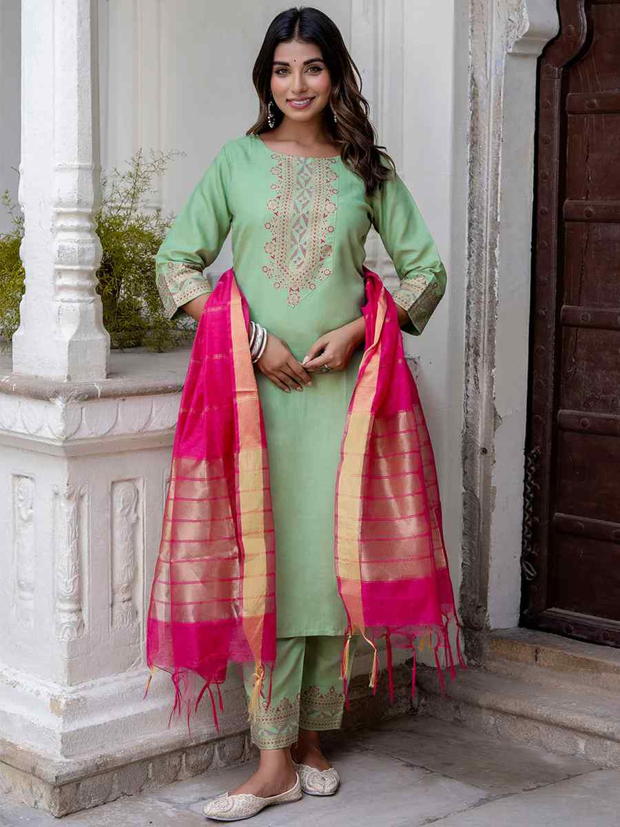Pista Cotton Blend Embroidered Party Casual Ready Pant Salwar Kameez