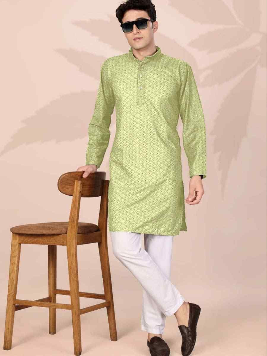 Pista Cotton Embroidery Festival Wedding Party Mens Kurta