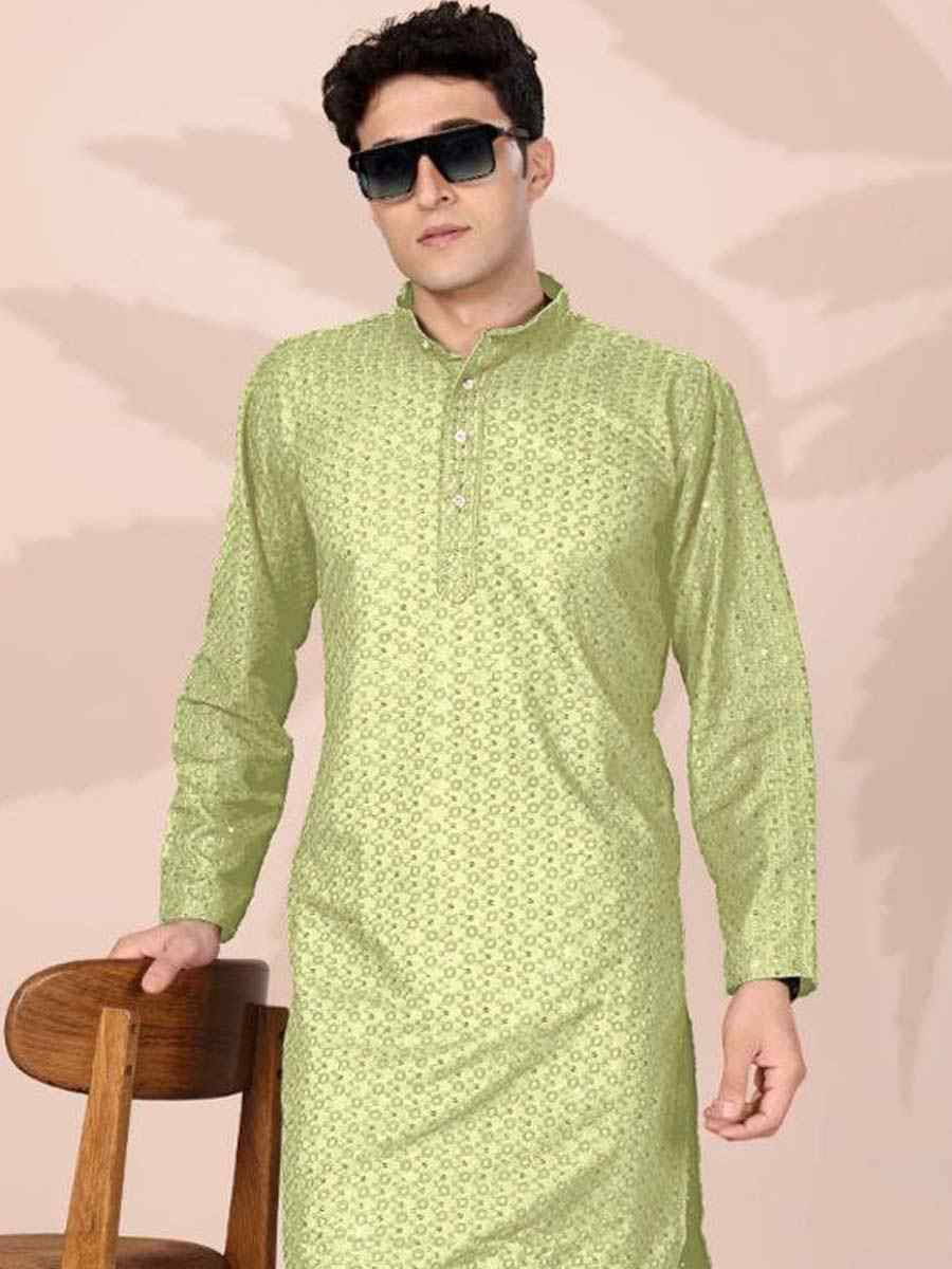 Pista Cotton Embroidery Festival Wedding Party Mens Kurta