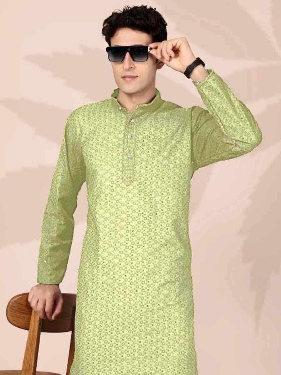 Pista Cotton Embroidery Festival Wedding Party Mens Kurta