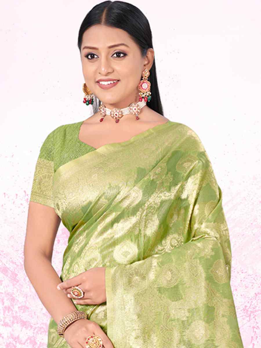 Pista Cotton Handwoven Wedding Festival Heavy Border Saree